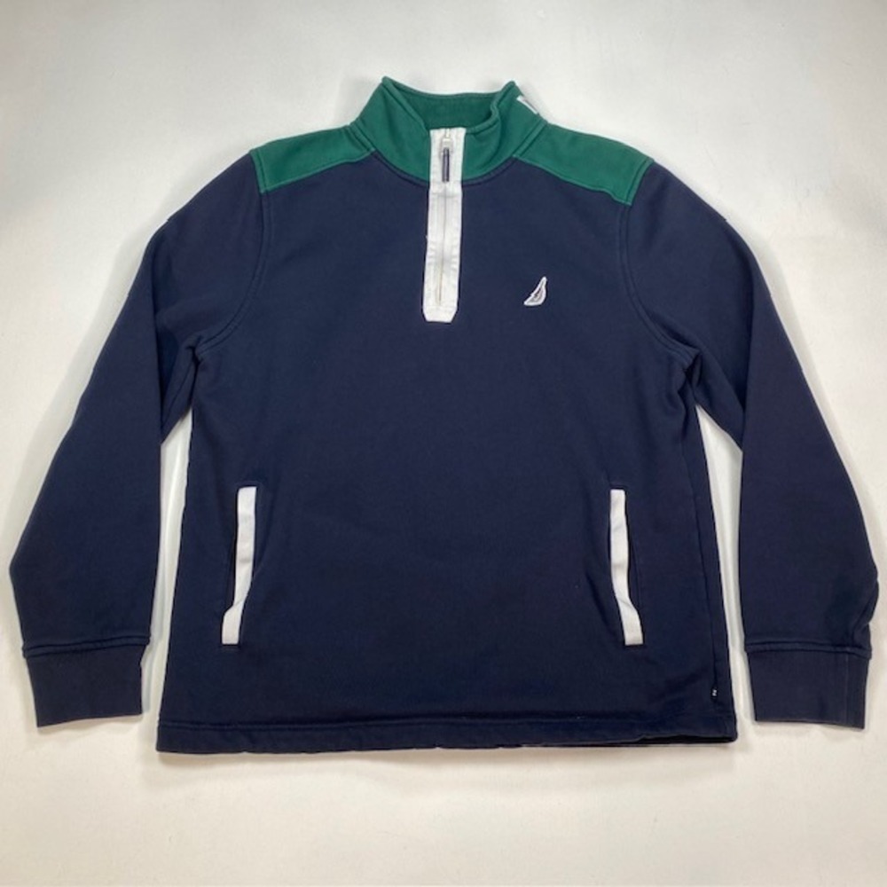 Nautica Mens Navy Blue Green Colorblock Quarter Zip Pullover Fleece Large K73370